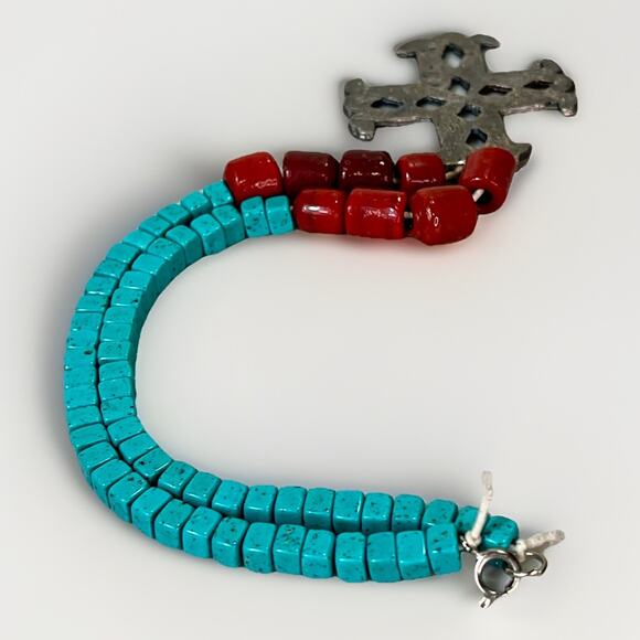 VTG Native American Turquoise & Red Coral Cross Necklace Sterling Silver Pendant - Picture 6 of 15